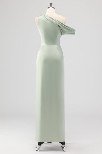 Sage Green One Shoulder Satin Ruched Sheath Long Bridesmaid Dress